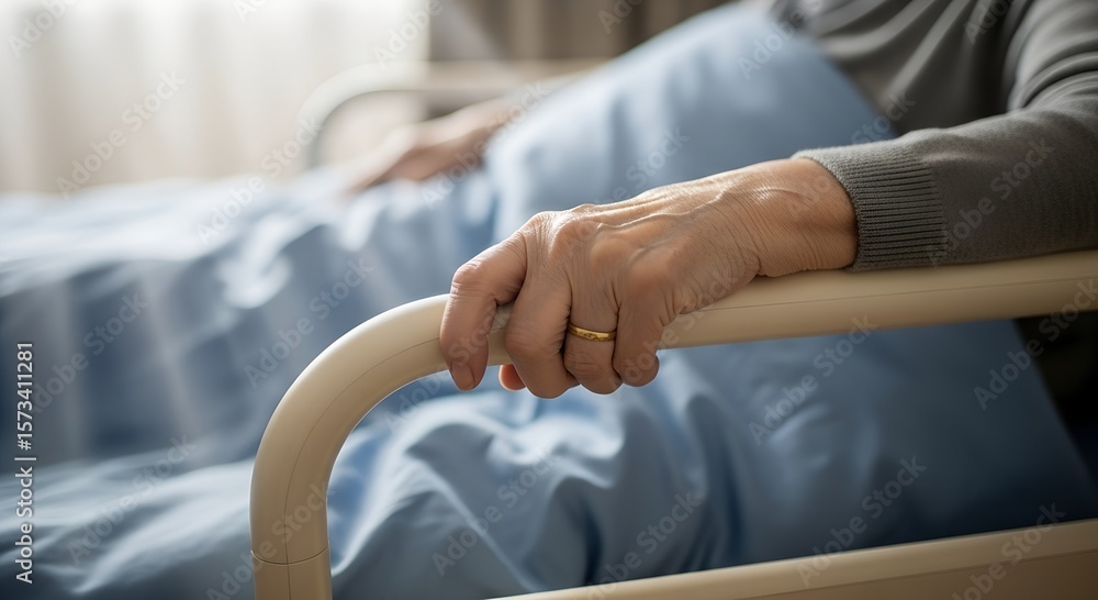 Fototapeta premium Elderly person holding hospital bed railing with blue bedding 