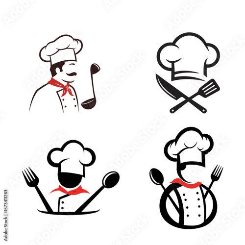 A culinary chef graphic set features cooking utensils and chef hats perfect for food blog design or restaurant branding purposes.