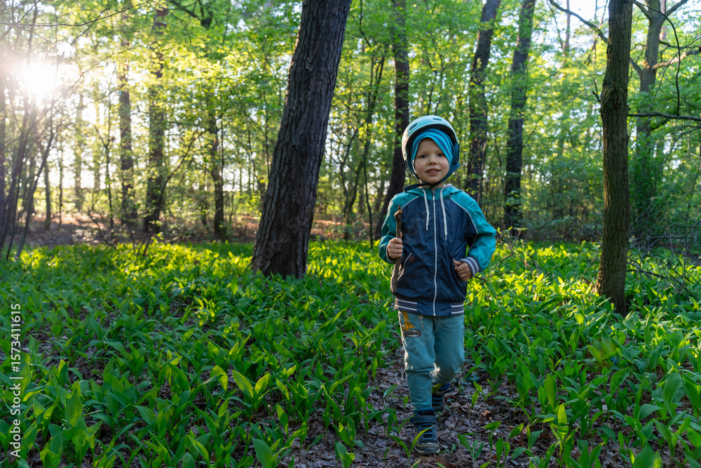Little boy in helmet and blue jacket exploring spring forest at sunset, walking among green wild garlic plants with stick in hand. Concept of childhood adventure, nature discovery and outdoor activity Little boy in helmet and blue jacket exploring spring forest at sunset, walking among green wild garlic plants with stick in hand. Concept of childhood adventure, nature discovery and outdoor activity