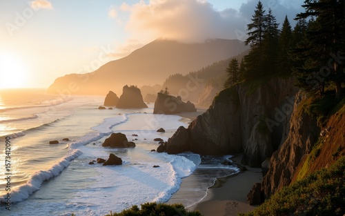 Stunning view of Pacific Rim, rugged west coast of Vancouver Island near Ucluelet during an evening golden light with its cliffs with trees. British Columbia, Canada. High quality