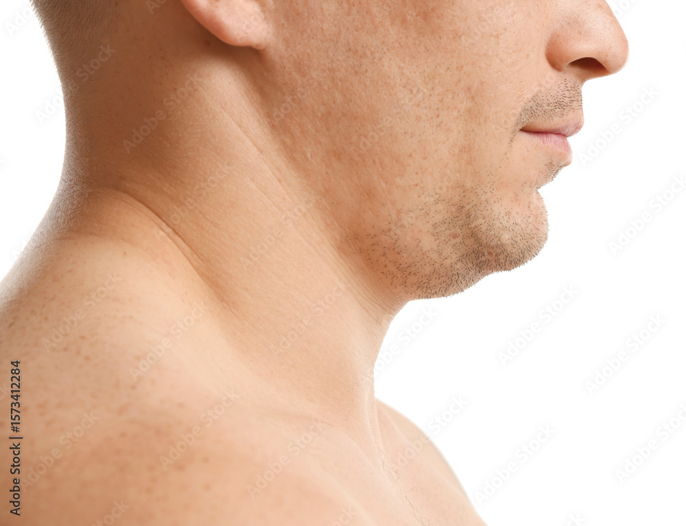 Obraz premium Man with double chin on white background, closeup
