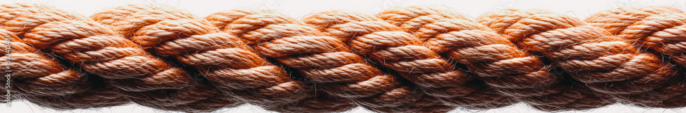 Fototapeta premium Rope with knots is shown in a close up. The rope is brown and has a rough texture. The knots are tightly woven together, creating a sense of strength and durability