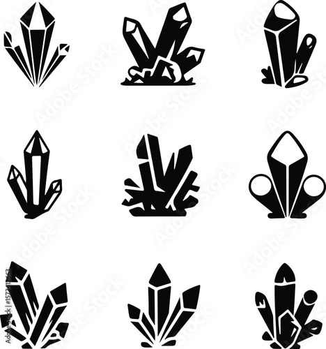 Black crystal cluster icons on white background mineral