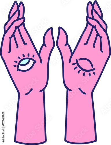 tattoo in traditional style of mystic hands in bright neon color