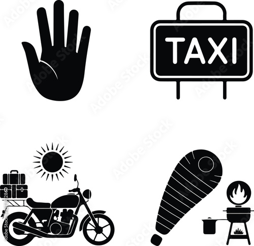 Black icons of hand taxi motorcycle sleeping bag and barbecue