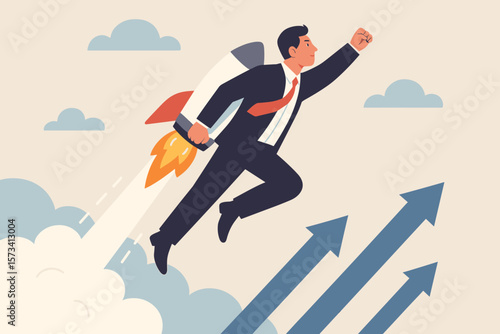 Business takeoff metaphor. Businessman with rocket booster flies to success. Career boost, ambition, leadership, innovation for advantage. Startup launch vector concept.