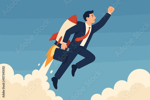 Businessman with rocket booster taking off. Business takeoff metaphor for new job, career boost, or success. Leadership, ambition, and innovation concept for growth advantage.