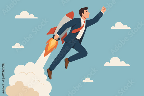 Business takeoff and career growth concept. Businessman with rocket booster flying to success. Metaphor for ambition, leadership, innovation, and starting a new job or project.