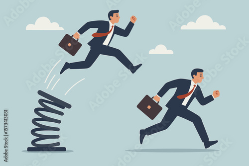 Competitive advantage concept. Businessman using a springboard to leap ahead of a rival. Smart business strategy, innovation, and career growth metaphor to overtake and win.