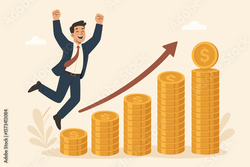 Compound interest money growth investment concept. Happy businessman investor celebrating financial success. Prosperity, earning, and profitability stock market vector concept.