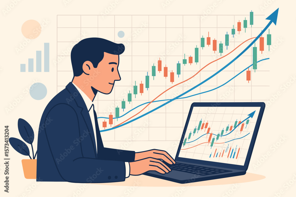 Businessman trader analyst looking at laptop with candlestick chart. Stock market investment, crypto trading concept. Financial graph background, bullish exchange economy grow. Businessman trader analyst looking at laptop with candlestick chart. Stock market investment, crypto trading concept. Financial graph background, bullish exchange economy grow.