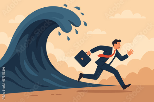 Businessman escaping a giant tidal wave. Metaphor for surviving business crisis, recession, financial risk, and overcoming adversity. Running from danger and uncertainty.