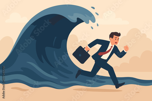 Businessman runs from a huge tsunami wave. Metaphor for escaping business crisis, recession, risk. Challenge to survive danger, adversity, uncertainty, and vulnerability.