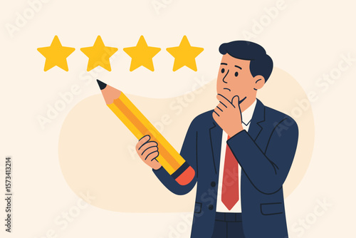 Customer review and satisfaction survey concept. Businessman holding a pencil, giving a four-star performance rating. Feedback, evaluation, and quality assessment metaphor.