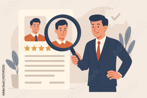 Employee performance evaluation concept. Manager with magnifier. Appraisal or annual review. Goals achievement. Assessment for rating or feedback. Staff check. HR search.