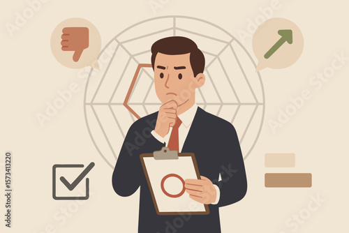 Performance review and evaluation of candidate for job. Skill measurement, staff analysis and appraisal score. Area to improve, feedback concept. Businessman career growth.