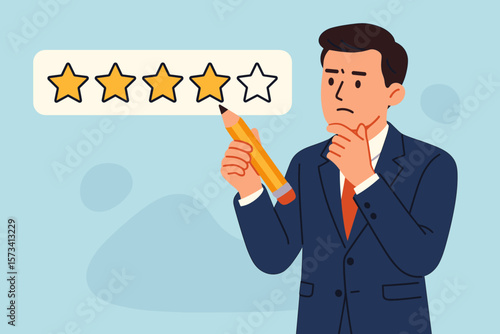Customer satisfaction feedback concept. Man giving four star rating for service quality. Performance evaluation and review. Client opinion survey. Experience and quality assessment.
