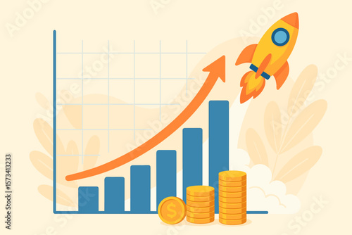 Exponential growth and compound interest concept with investment and wealth rising graph, business sales and profit increase, financial report chart with rocket and arrow