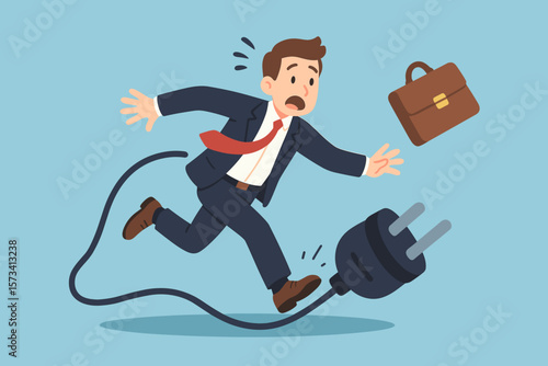 Business mistake accident concept. Clumsy businessman tripping over electric power cable, falling, losing briefcase. Workplace hazard, failure, risk, danger, office problem