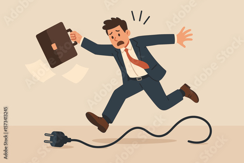 Clumsy businessman tripping over power cable, business accident, workplace mistake, danger, risk, stress, failure, surprise problem, falling briefcase, office hazard, concept