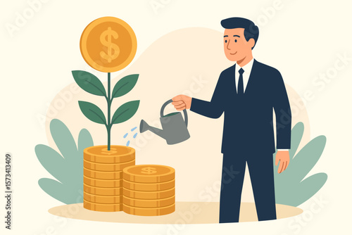 Businessman Investor Watering Money Plant on Coin Stack. Financial Growth, Wealth Management, Investment Profit, Mutual Fund, Savings, Pension Fund, Earning Increase Concept