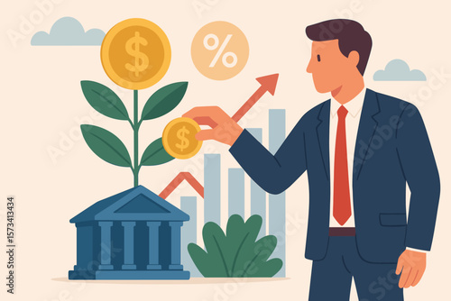 Businessman Investing in Mutual Funds, 401K, Pension or Savings for Wealth Growth, Earning Dividends, Capital Gains, Interest Rate Returns, Financial Success and Banking Concept