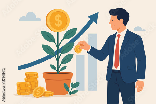 Businessman Investing in Mutual Funds, 401K, Pension or Savings for Wealth Growth, Financial Success, Capital Gain, Dividend Profit, Interest Rate Return, Money Plant Concept