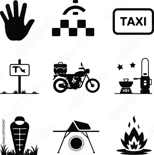 Black Icons of Travel Camping and Transportation hand