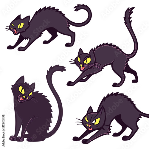 Four stylized black cats with bright yellow eyes and open mouths are depicted in various cartoonish poses conveying a sense of mischief and halloween spirit