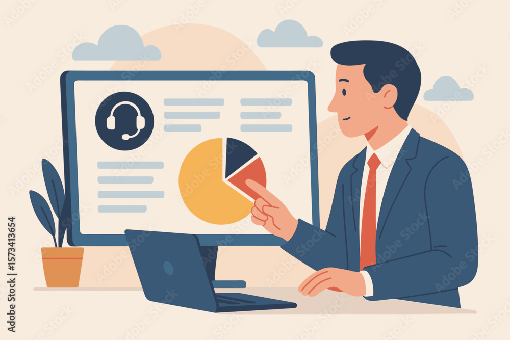 Businessman Analyzing Automated Online Report Dashboard, Self-Service Software Application, Customer Support, Data Visualization, Resource Management, Digital Assistance Concept Businessman Analyzing Automated Online Report Dashboard, Self-Service Software Application, Customer Support, Data Visualization, Resource Management, Digital Assistance Concept