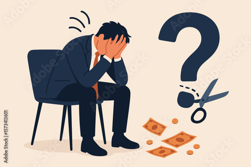 Business failure regret, frustrated businessman stressed over financial loss, bad decision, bankruptcy, anxiety, depression, money crisis, mistake, economic downturn concept