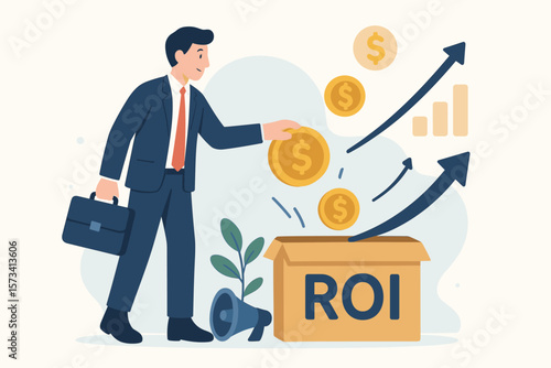 Businessman Investing Money for ROI, Return on Investment Concept, Profit Growth, Marketing Efficiency, Financial Performance, Campaign Success, Cost Analysis, Revenue Increase