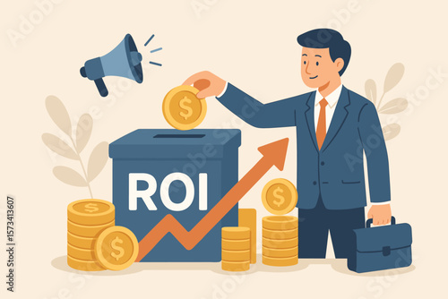 ROI return on investment concept, business performance measurement, profit efficiency, marketing campaign cost analysis, businessman investing money, financial growth, success strategy