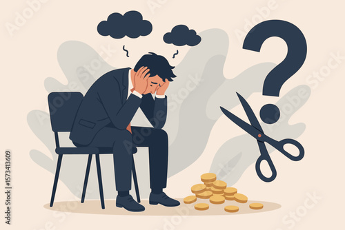 Stressed businessman regret financial mistake, anxiety over money loss, depression, business failure, frustration, budget cuts, financial crisis, bankruptcy, economic downturn