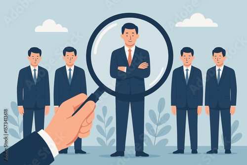 Human resources recruitment concept, headhunting, searching best candidate, talent selection, job vacancy, employer choosing employee, HR management, magnifying glass illustration