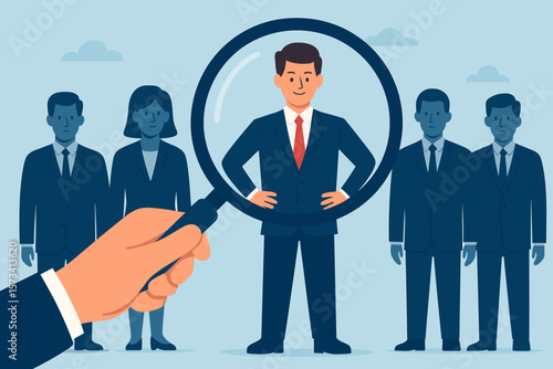 Human resources recruitment concept. Magnifying glass selecting best candidate. Job search, talent acquisition, headhunting, employee selection, company hiring process illustration.