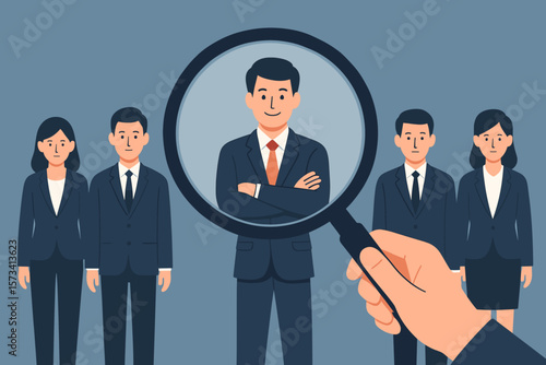 Human resources recruitment concept. Magnifying glass selecting best candidate. Job search, headhunting, talent acquisition, employer choosing employee, hiring process illustration