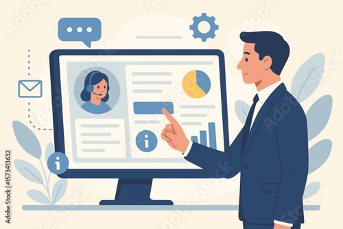 Businessman using self-service software application for online help, automated reporting, resource management, data analysis, customer support, digital workflow, office technology