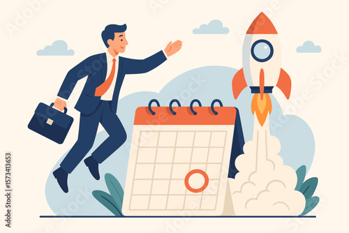Businessman Launching Startup Rocket, Quitting Full Time Job, Starting New Company, Entrepreneur Innovation, Product Launch Date, Calendar Planning, Small Business Success