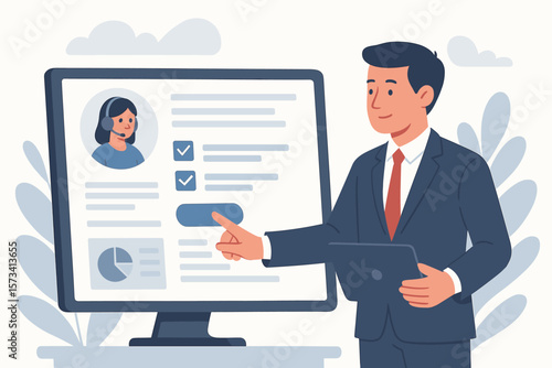Businessman Using Digital Self-Service Software Application for Online Assistance, Automated Resource Management, Electronic Report Generation, Data Analysis, Customer Support