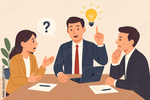 Business team meeting discussion, leader providing advice, solving problems, creativity, brainstorming, teamwork, eureka moment, professional collaboration, office concept