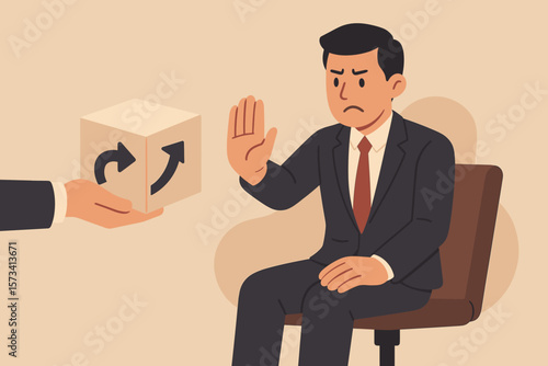 Businessman Refusing Change Concept. Status Quo Bias, Fear of Change, Comfort Zone, Conservative Thinking, Risk Aversion, Decision Resistance, Hand Gesture Denial Illustration