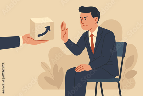 Status quo bias, fear of change, comfort zone, conservative thinking, risk aversion, resisting decision, business refusal, rejecting opportunity, business concept illustration