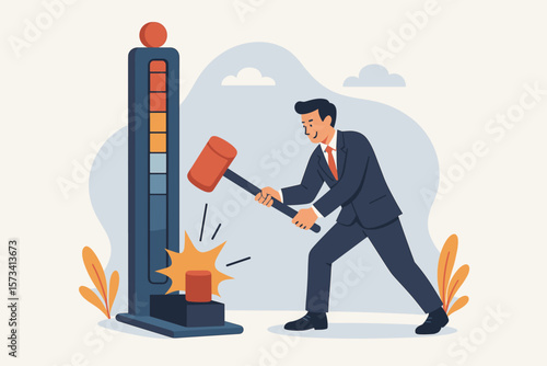Businessman hitting strength tester for performance evaluation. KPI, key performance indicator to measure success. Achievement, winning score, business goal, motivation concept.