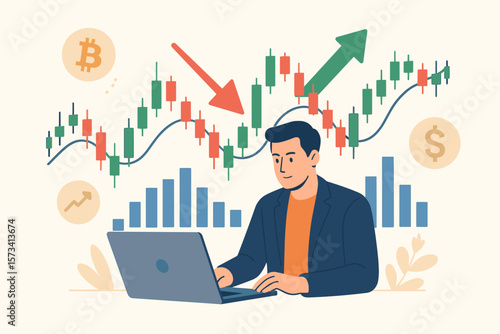 Stock trading and cryptocurrency investing concept. Businessman analyzing financial market charts, candlestick patterns, bitcoin, dollar, technical analysis, currency exchange, investment strategy