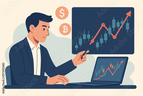 Businessman Analyzing Stock Market and Cryptocurrency Investment, Technical Analysis, Financial Chart, Trading Strategy, Bullish Growth, Currency Exchange, Digital Finance Concept