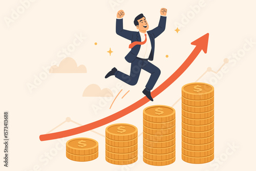 Successful businessman jumping for joy on rising profit graph, stacks of gold coins, financial growth, wealth increase, investment return, stock market, money, economic success