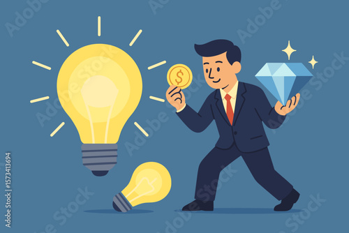 Businessman Innovation Success, Creative Idea Light Bulb, Wealth Coin, Diamond Value, Financial Growth, Investment Opportunity, Entrepreneurship, Solution Achievement Concept