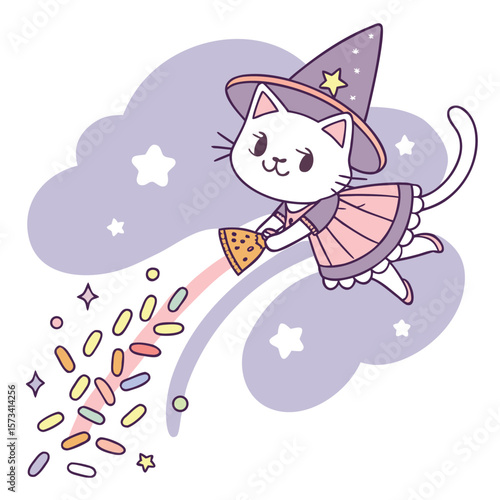 Cute white witch cat wearing a purple hat and pink dress flying through a pastel sky scattering colorful sprinkles and stars with a magical broom