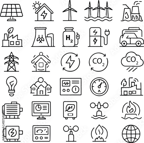 Energy and Environment Icon Set – 30 Black Line Art Vector Symbols Featuring Renewable Power, Electric Vehicles, Sustainability, Smart Homes, and Climate Technology Concepts